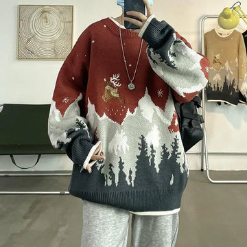 Riolio Christmas Sweater Funny Elk Harajuku Streetwear Men Women Sweaters Couple Autumn Winter Knitwear Pullover Warm Sweatshirt Men